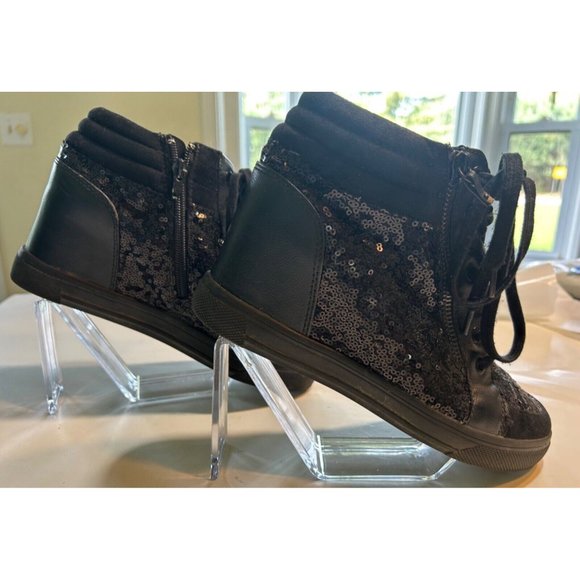 Women's Aldo Kaia Wedge Boot Size 8.5 Black Sequins Zip Side And Tie - Picture 6 of 10